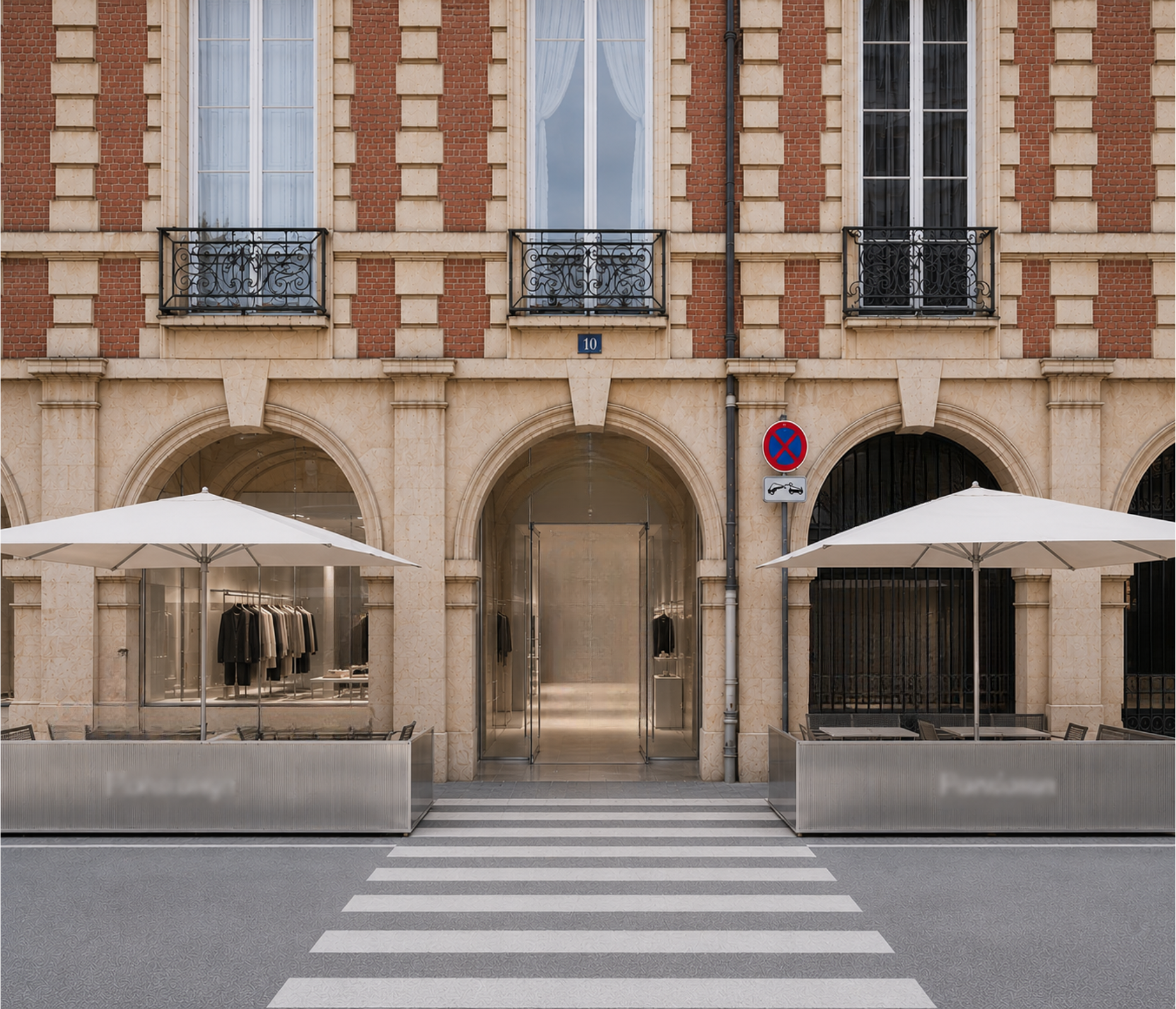 Façade Place des Vosges avec terrasses